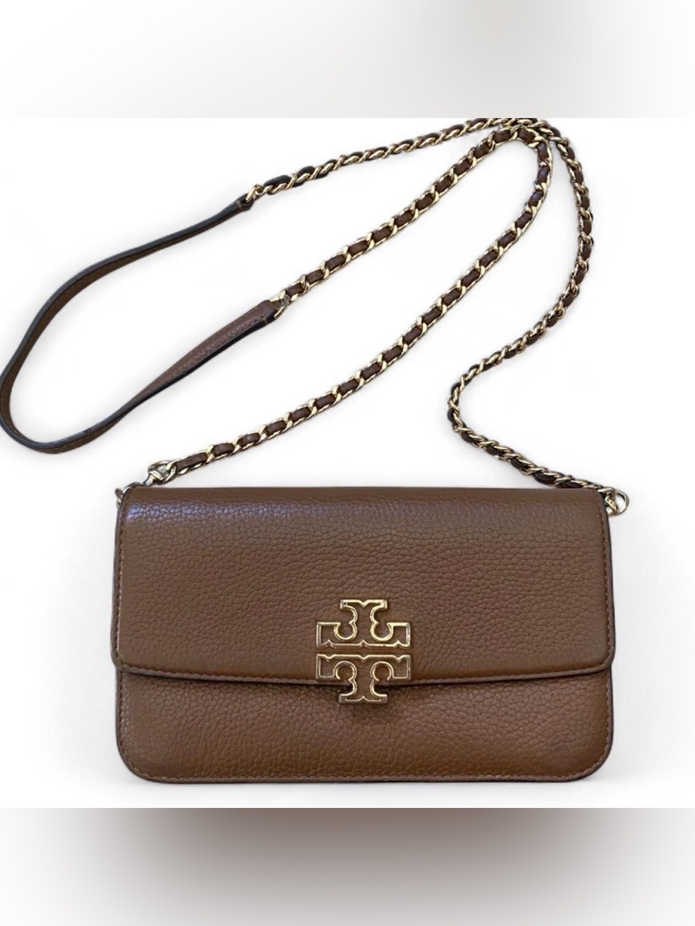 Tory Burch Brown Leather Chain Crossbody with Gold Logo